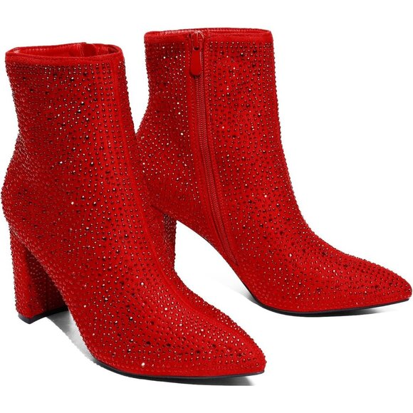 Dream Pairs Women Red-rhinestone Pointed Toe Fur Lining Block Heel Ankle Booties - Picture 5 of 7
